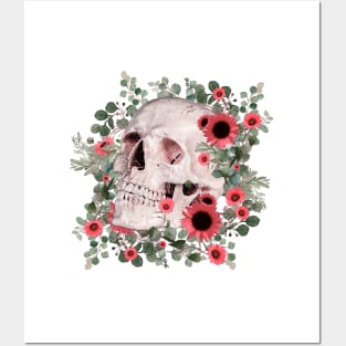 Skull and pink daisy, sugar skull and flowers Posters and Art